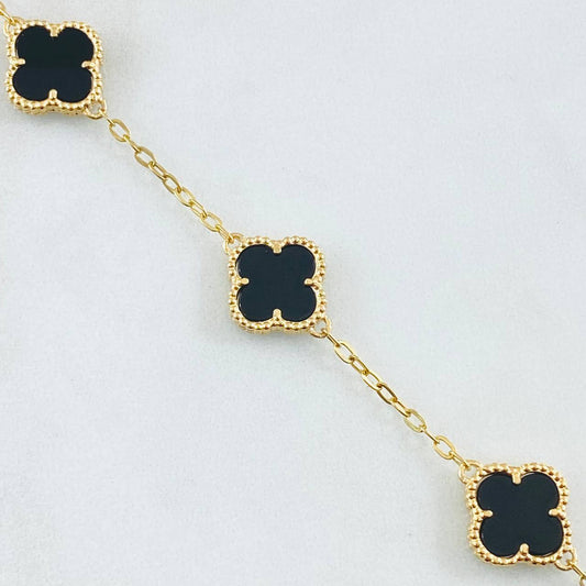 Pulso Aro Seguido Trebol Negro Onix 5.15gr / 7 in / 12mm Oro Amarillo Nac.Esp. 18K *