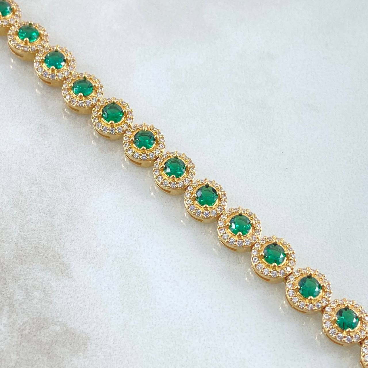 Pulso Tennis Tupido 18.25gr / 18cm / 7mm Circones Blancos Verdes Oro Amarillo 18K ©