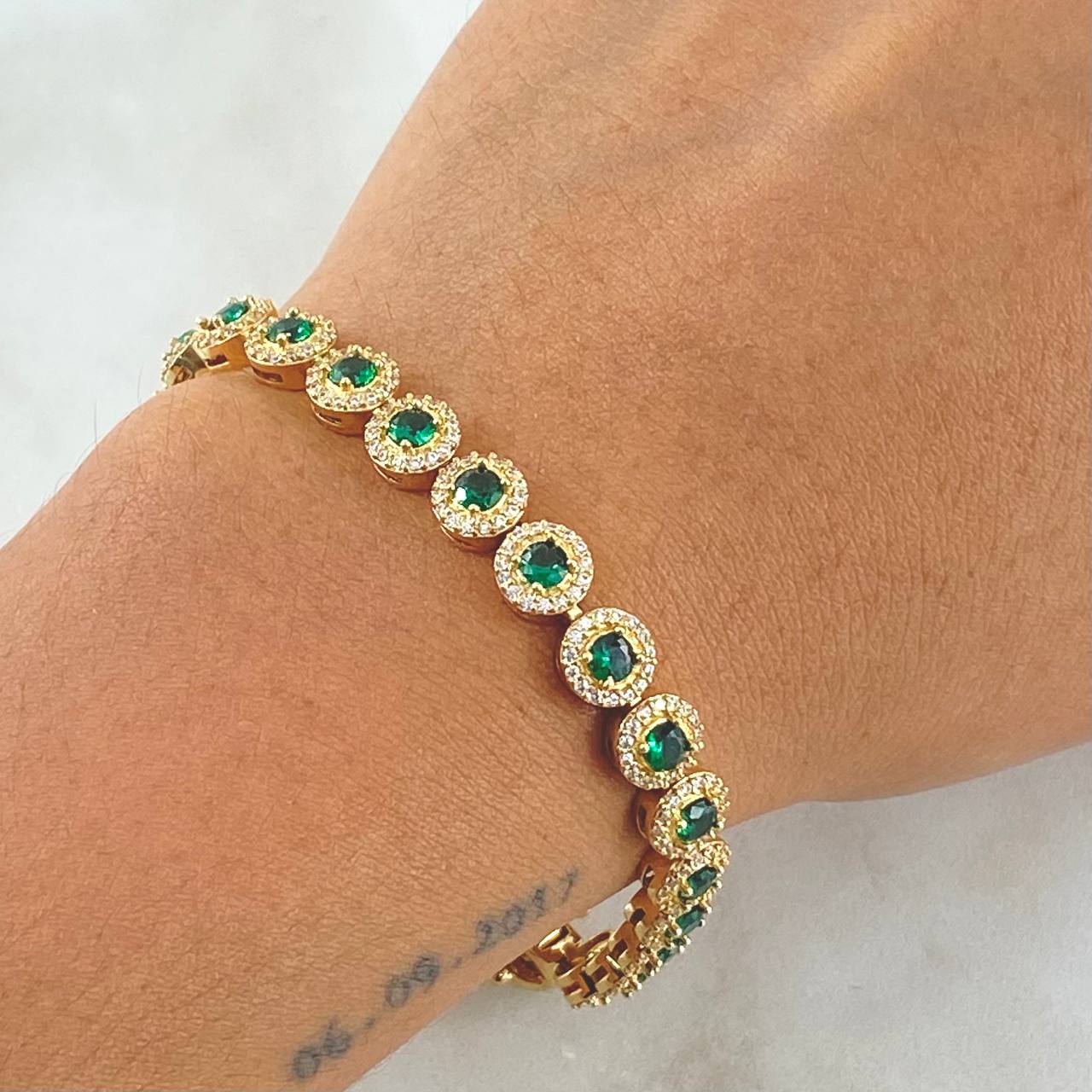 Pulso Tennis Tupido 18.25gr / 18cm / 7mm Circones Blancos Verdes Oro Amarillo 18K ©