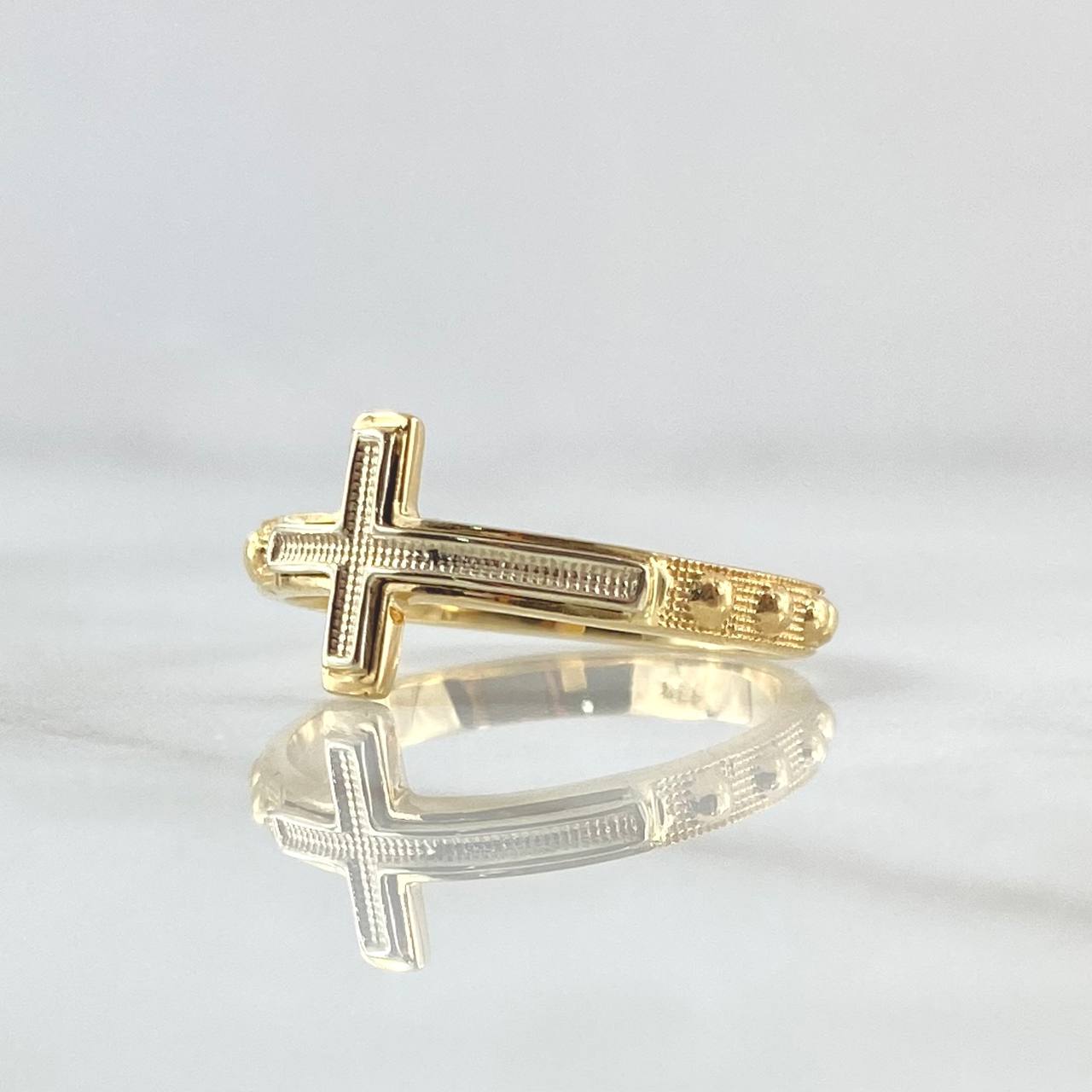 Anillo Cruz Punteada Esferas Laterales 3.15gr / T7 3/4 / Texturizado Oro Amarillo 18K ©