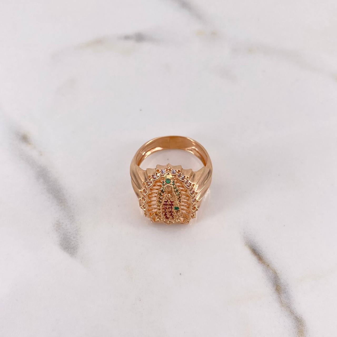 Virgin Guadalupe Ring 7gr / Size 6 3/4 / Fuchsia Green White Zircons 18K Rose Gold &