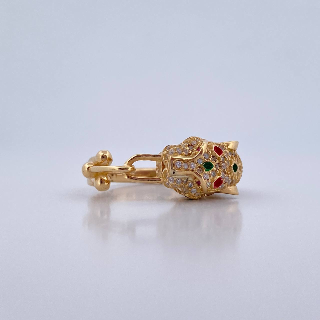 Panther Ring 6.55gr / Size 7 3/4 / Fuchsia and White Zircons 18K Yellow Gold &