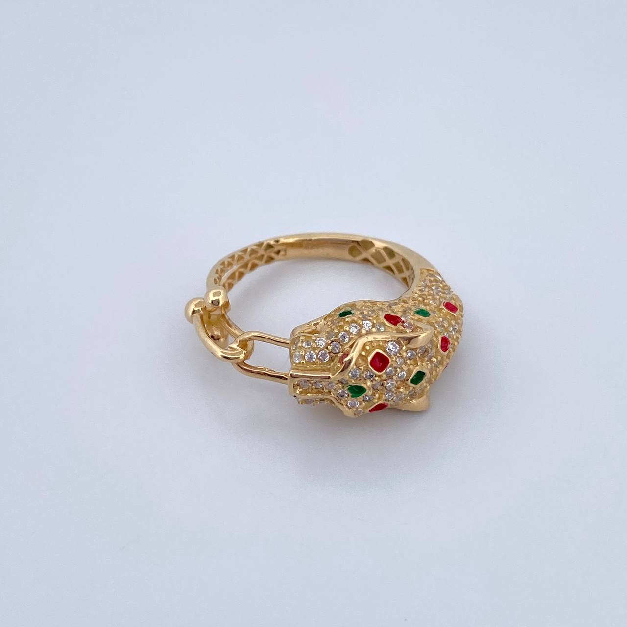 Panther Ring 6.55gr / Size 7 3/4 / Fuchsia and White Zircons 18K Yellow Gold &