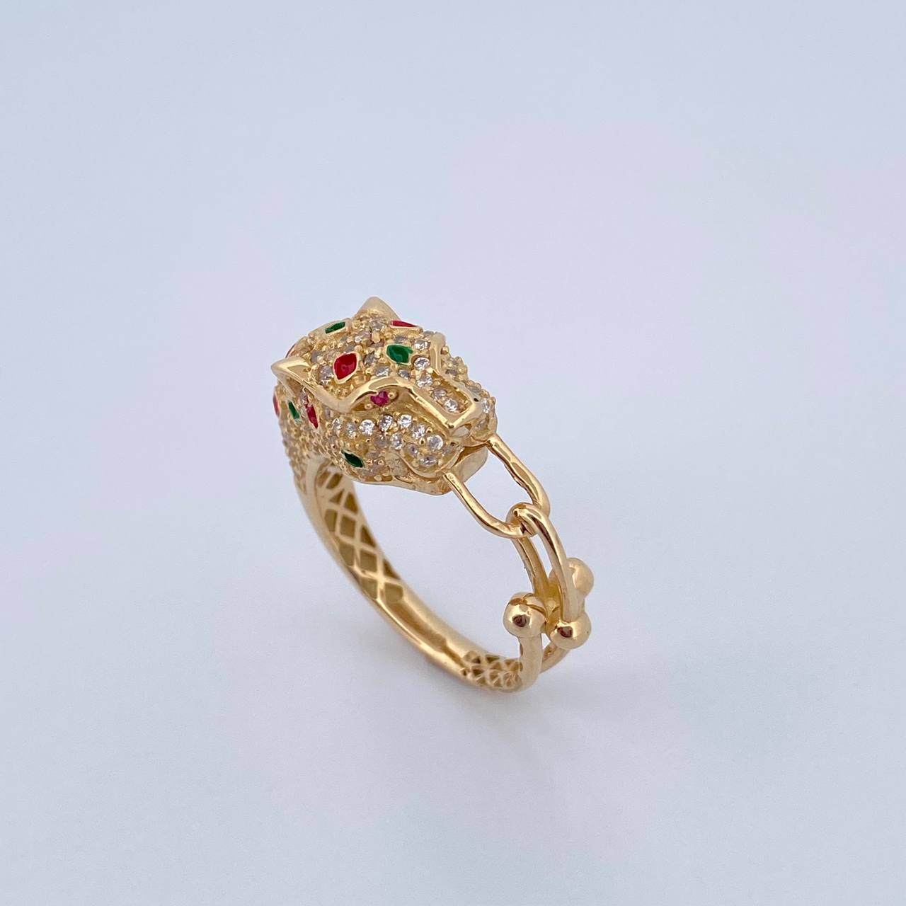 Panther Ring 6.55gr / Size 7 3/4 / Fuchsia and White Zircons 18K Yellow Gold &