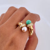 Ring You and Me 5.6gr / Size 7 1/2 / White Green Stones White Zircons 18K Yellow Gold &