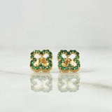 Stud Earrings Clover 2gr / 9mm Green Zircons 18K Yellow Gold