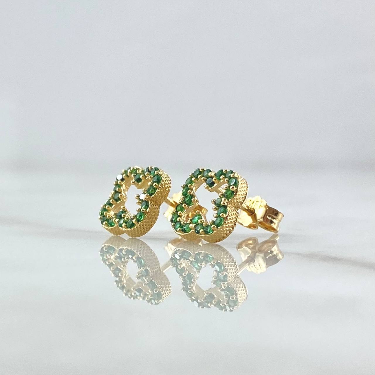 Stud Earrings Clover 2gr / 9mm Green Zircons 18K Yellow Gold
