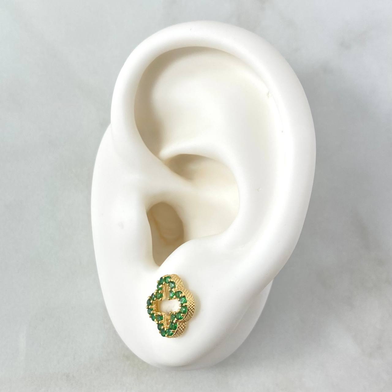 Stud Earrings Clover 2gr / 9mm Green Zircons 18K Yellow Gold