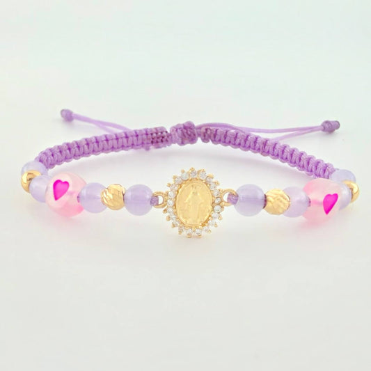 Lilac Woven Bracelet Pendant Miraculous Virgin Yellow Gold 18K