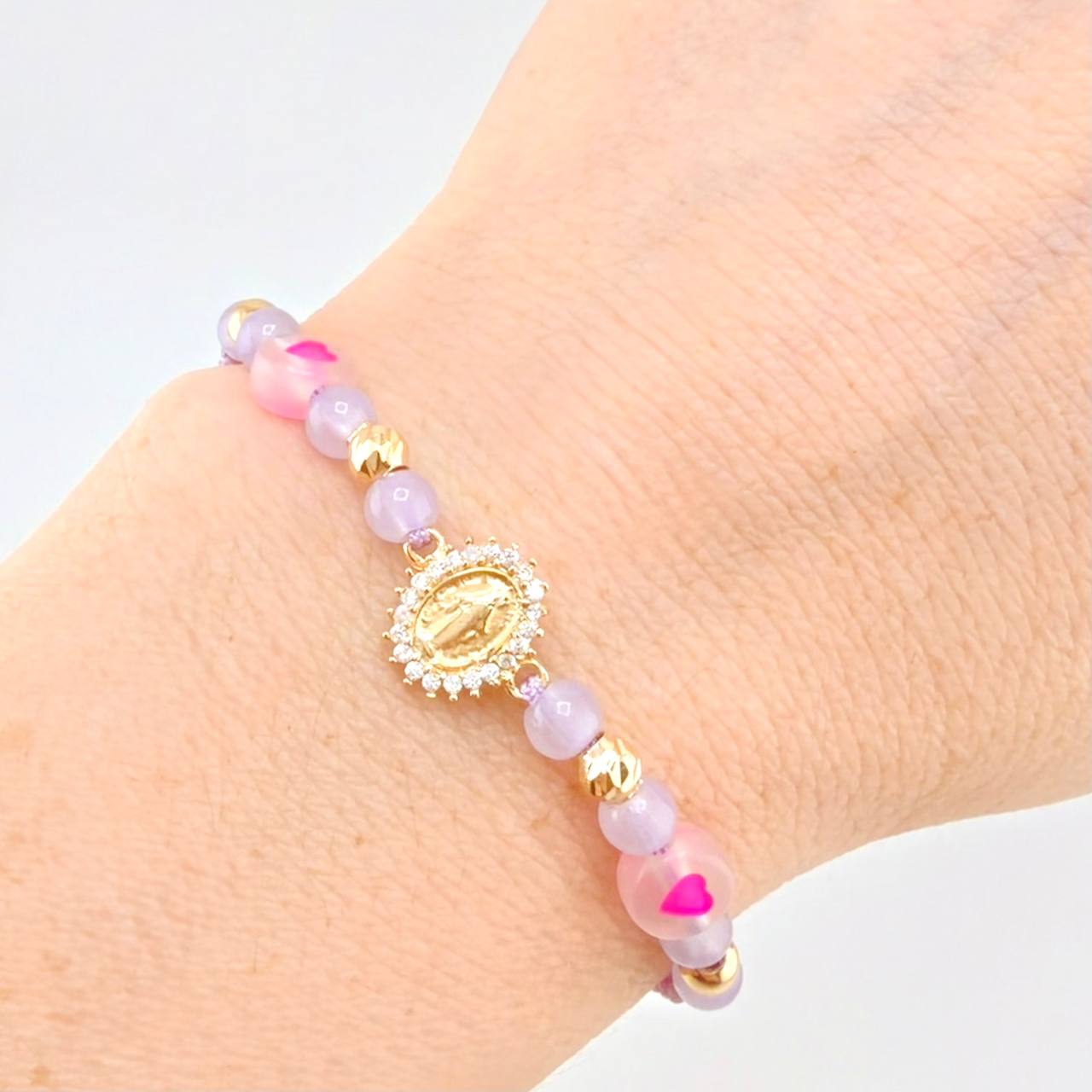 Lilac Woven Bracelet Pendant Miraculous Virgin Yellow Gold 18K