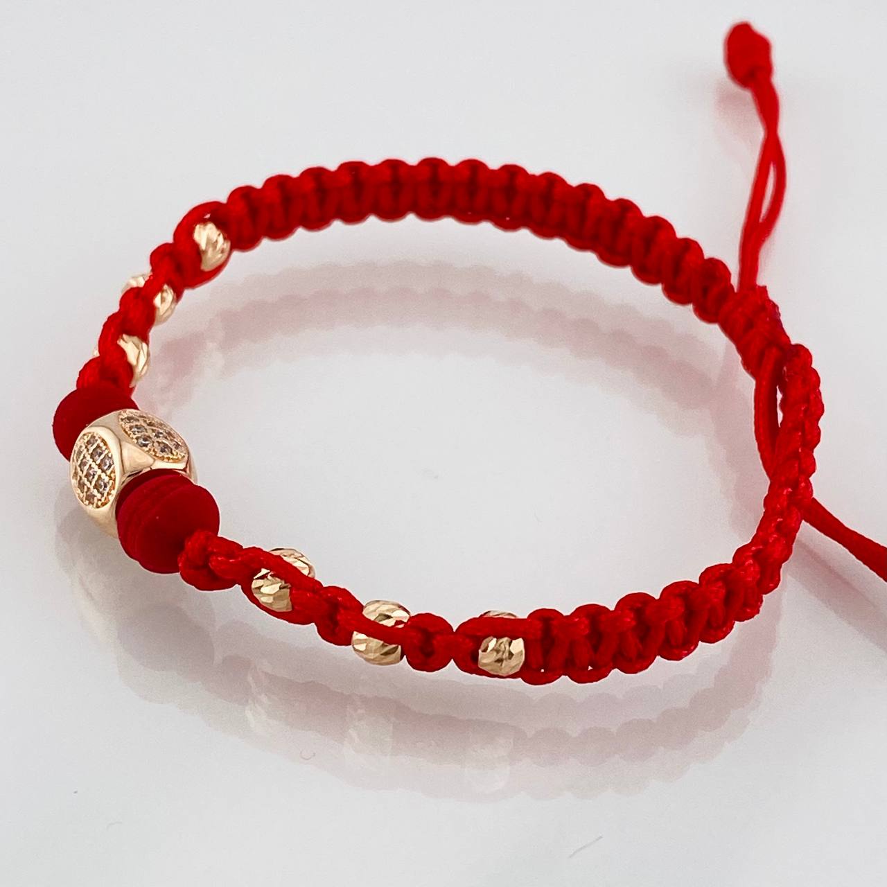 Pulsera Tejida Roja Cilindro Oro Amarillo 18K