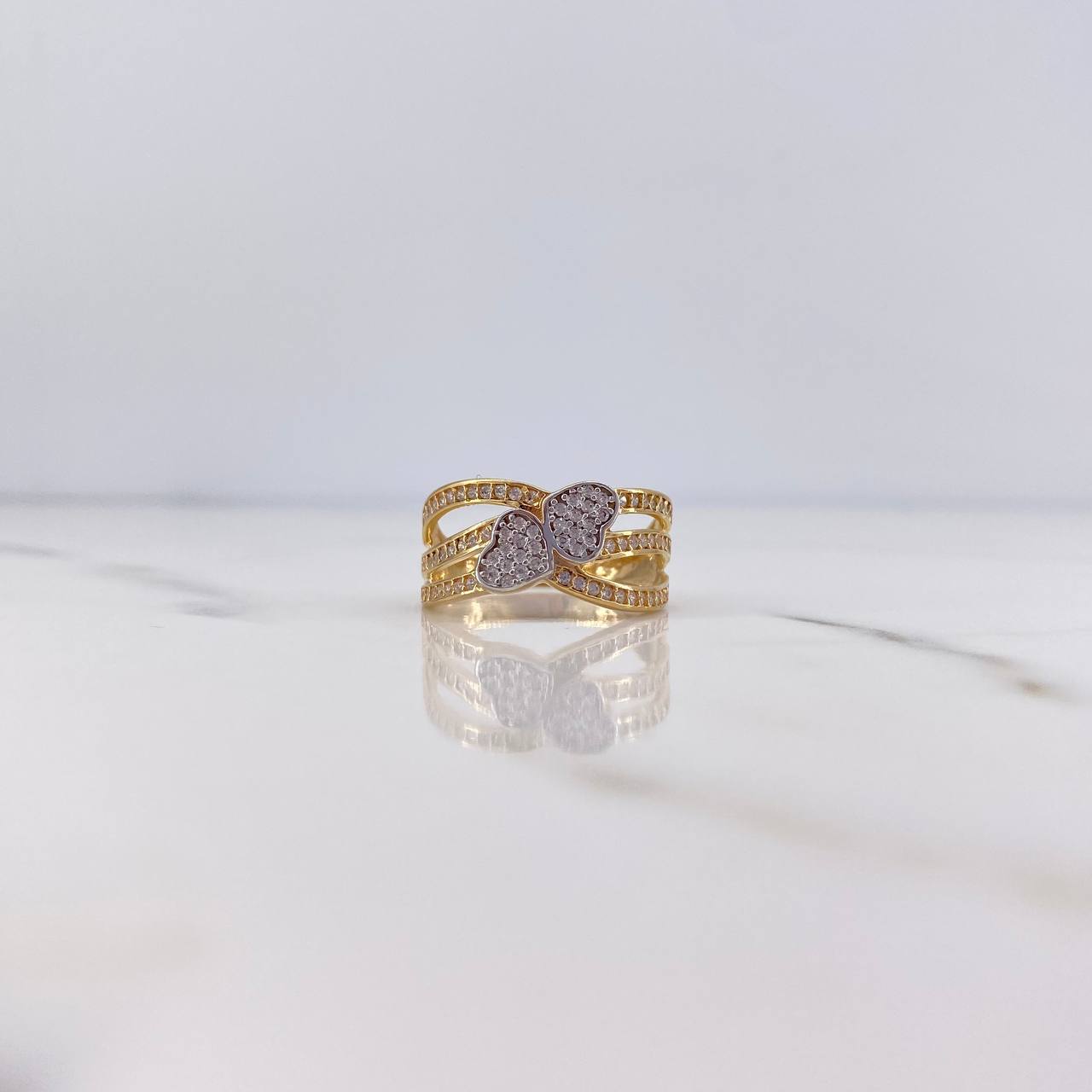 Ring Lines Hearts 3.7gr / Size 7 1/4 / White Zircons Two-tone Yellow and White Gold 18K &