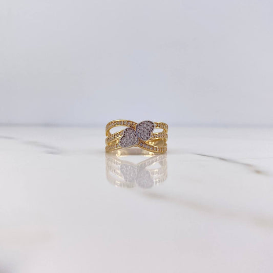 Ring Lines Hearts 3.7gr / Size 7 1/4 / White Zircons Two-tone Yellow and White Gold 18K &