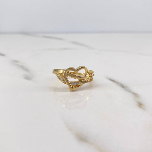 Rustic Heart Ring 3.55gr / Size 7 / White Zircons 18K Yellow Gold &