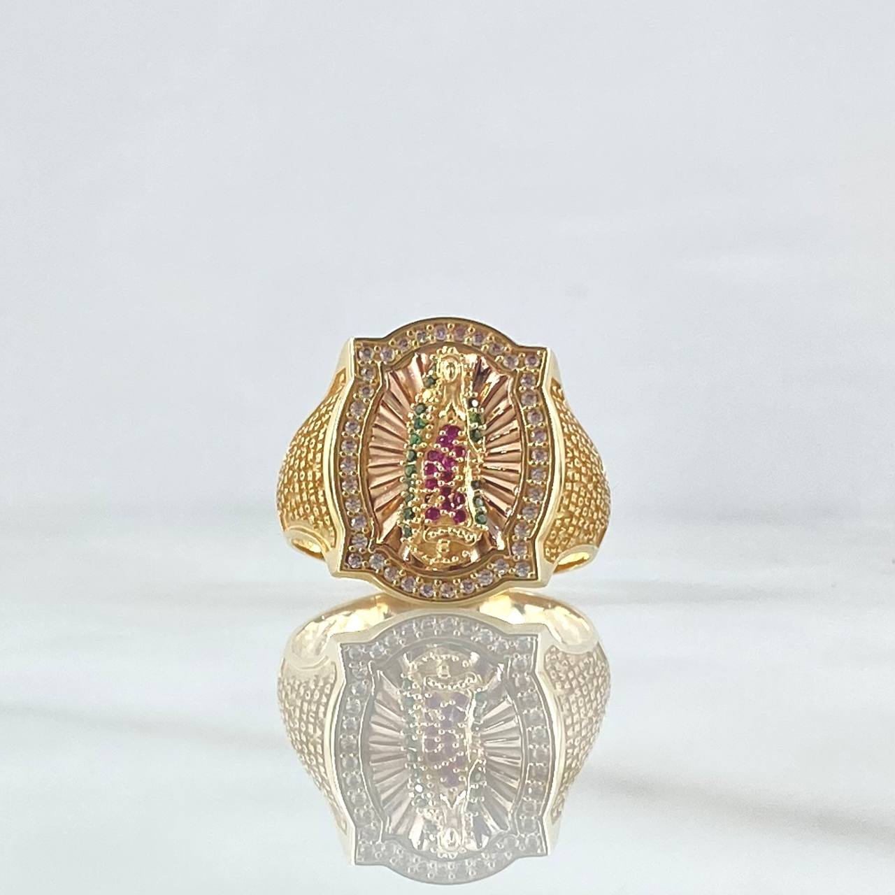 Virgin Guadalupe Frame Ring 8.75gr / Size 10 1/4 / White, Green, and Fuchsia Zircons Two-tone 18K Yellow and Rose Gold