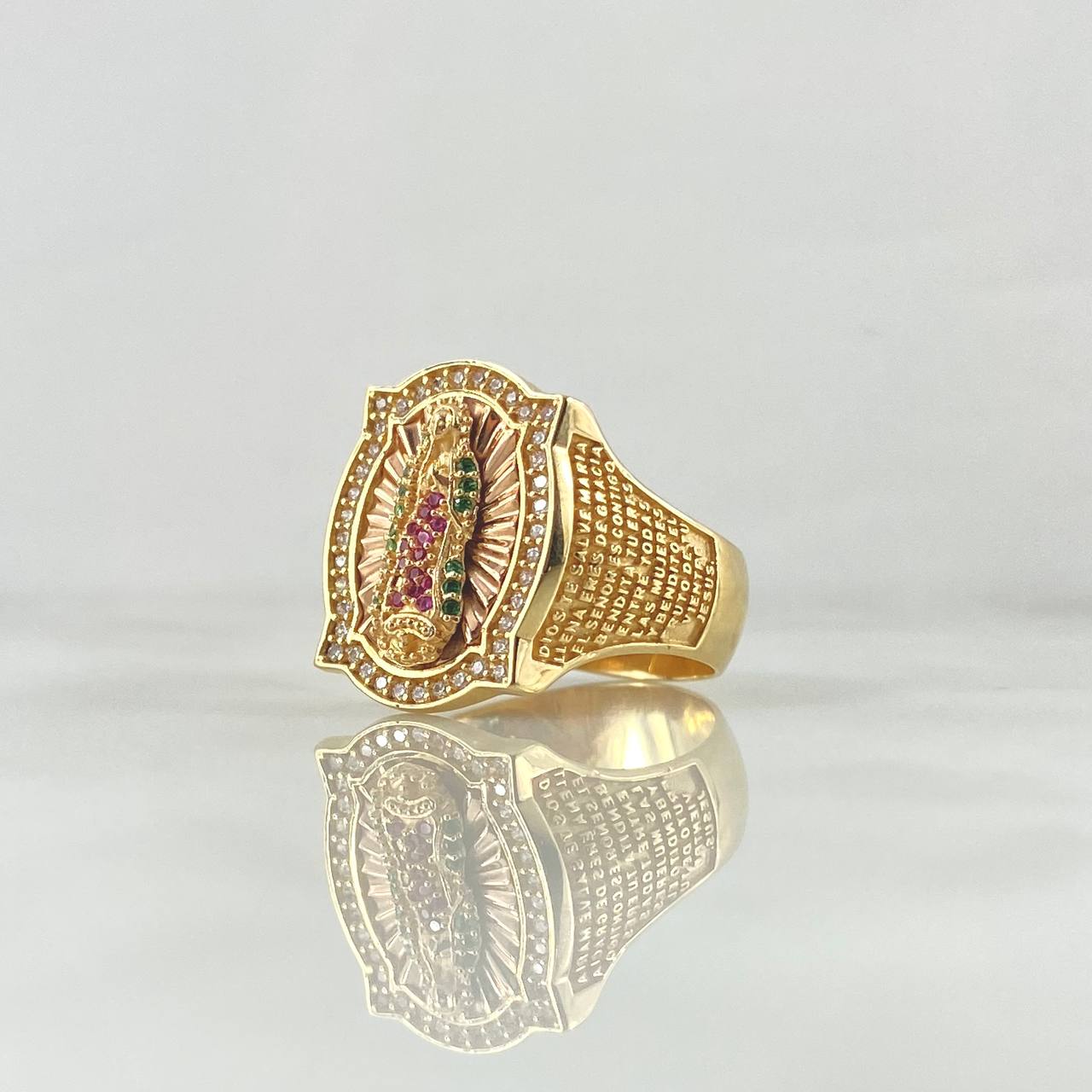 Virgin Guadalupe Frame Ring 8.75gr / Size 10 1/4 / White, Green, and Fuchsia Zircons Two-tone 18K Yellow and Rose Gold