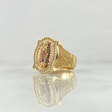 Virgin Guadalupe Frame Ring 8.75gr / Size 10 1/4 / White, Green, and Fuchsia Zircons Two-tone 18K Yellow and Rose Gold