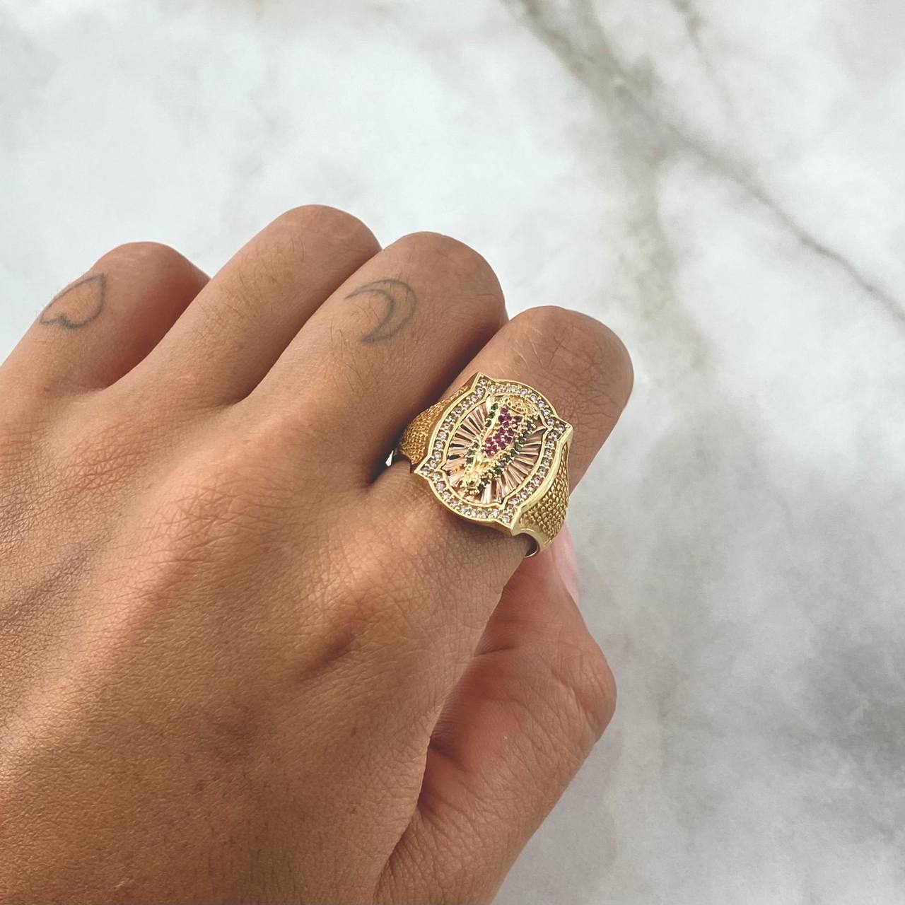 Virgin Guadalupe Frame Ring 8.75gr / Size 10 1/4 / White, Green, and Fuchsia Zircons Two-tone 18K Yellow and Rose Gold