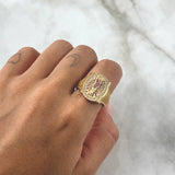 Virgin Guadalupe Frame Ring 9.3gr / Size 10 1/2 / Fuchsia, Green, and White Zircons Two 18K Yellow and Rose Golds *