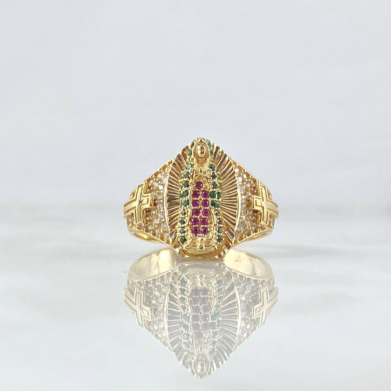 Virgin Guadalupe Ring Crosses 6.4gr / Size 7 1/4 / White, Green, and Fuchsia Zircons 18K Yellow Gold