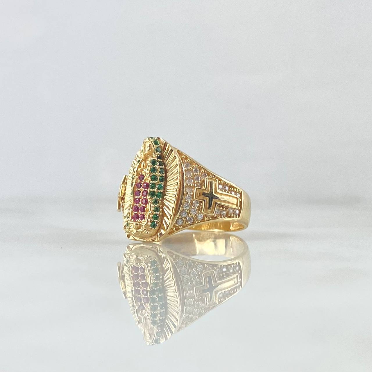 Virgin Guadalupe Ring Crosses 6.4gr / Size 7 1/4 / White, Green, and Fuchsia Zircons 18K Yellow Gold