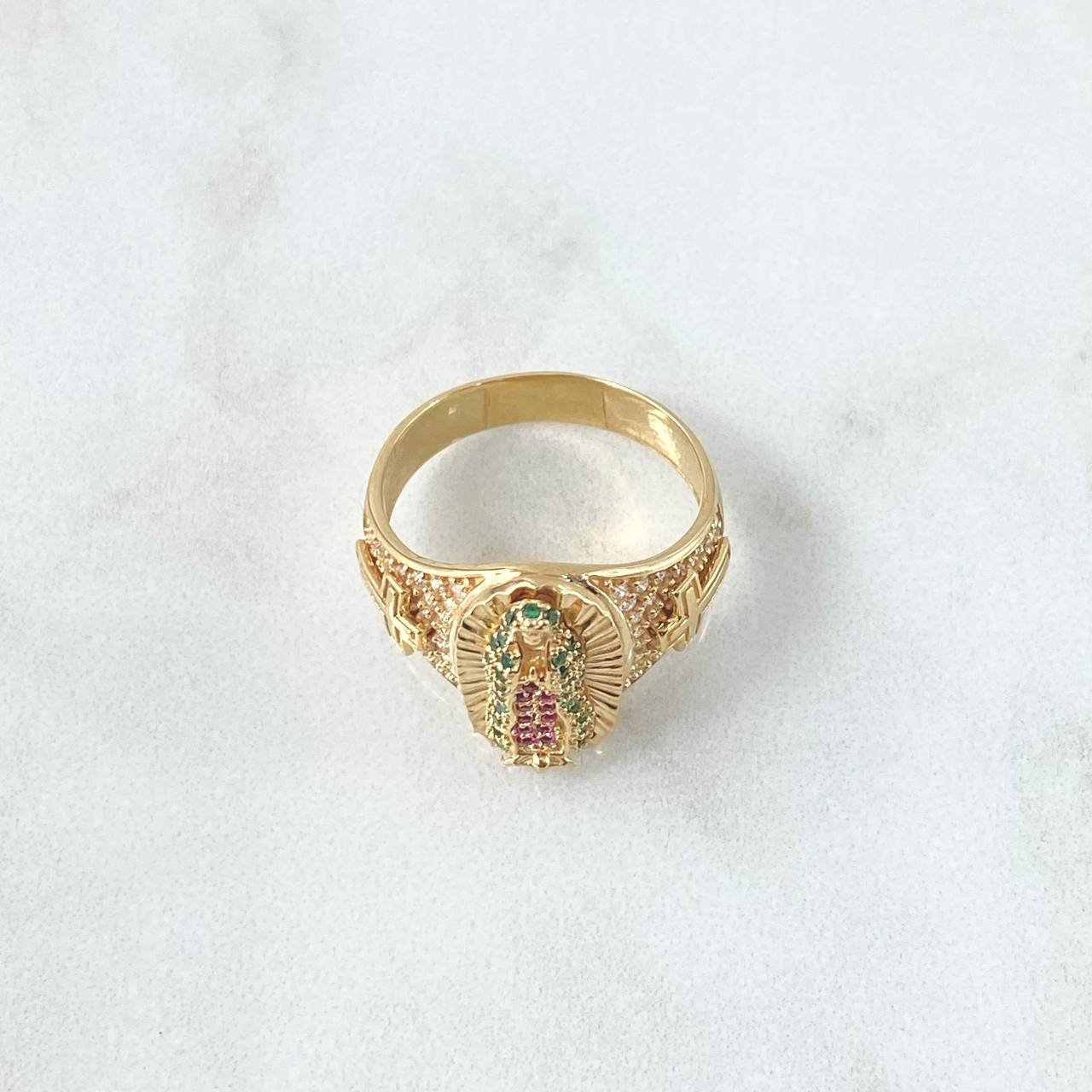 Virgin Guadalupe Ring Crosses 6.4gr / Size 7 1/4 / White, Green, and Fuchsia Zircons 18K Yellow Gold