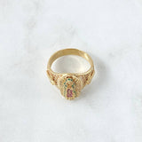 Virgin Guadalupe Ring Crosses 6.4gr / Size 7 1/4 / White, Green, and Fuchsia Zircons 18K Yellow Gold