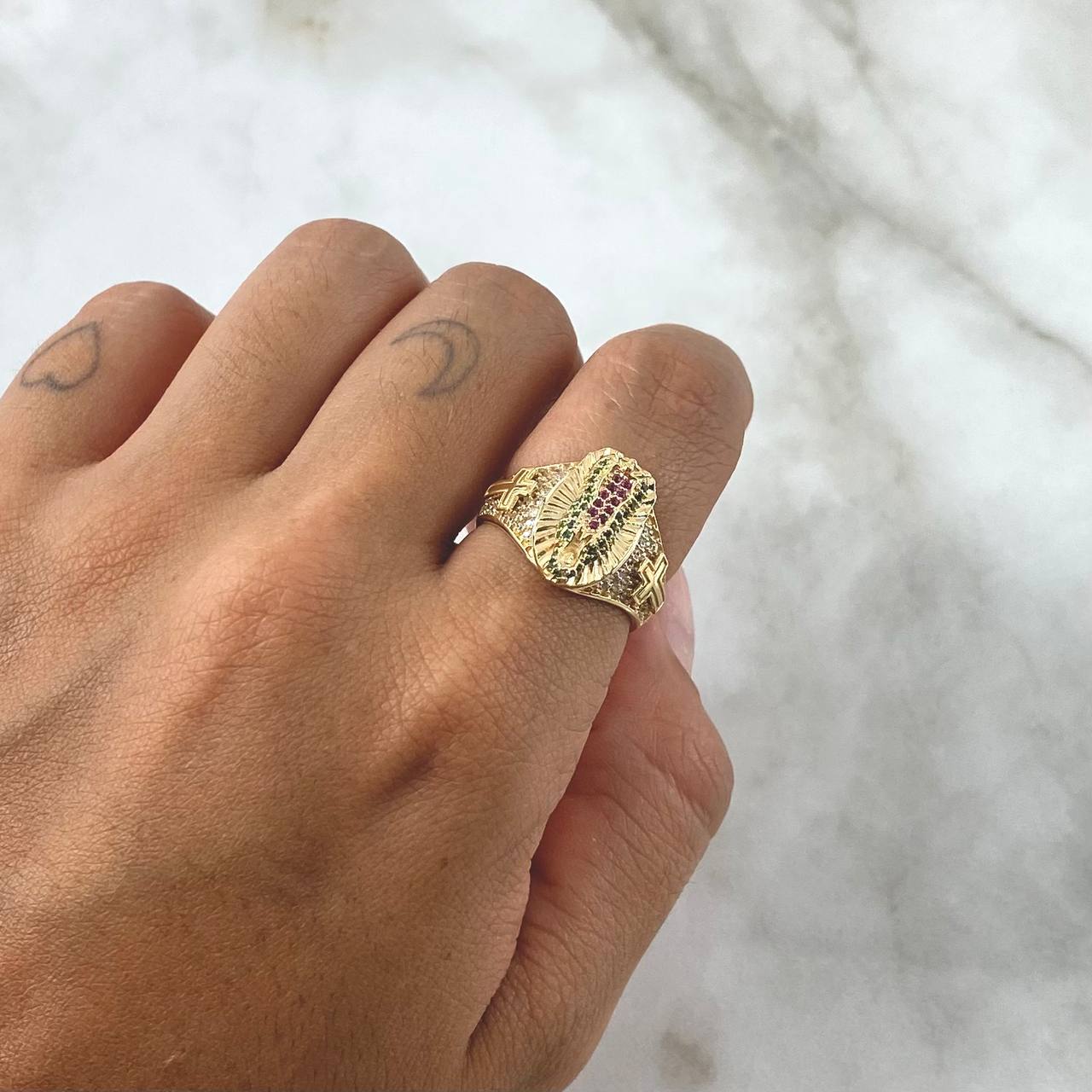 Virgin Guadalupe Ring Crosses 6.4gr / Size 7 1/4 / White, Green, and Fuchsia Zircons 18K Yellow Gold