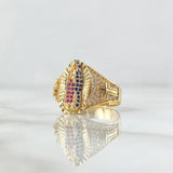 Virgin Guadalupe Ring Crosses 6.35gr / Size 7 3/4 / White, Green, and Blue Zircons 18K Yellow Gold