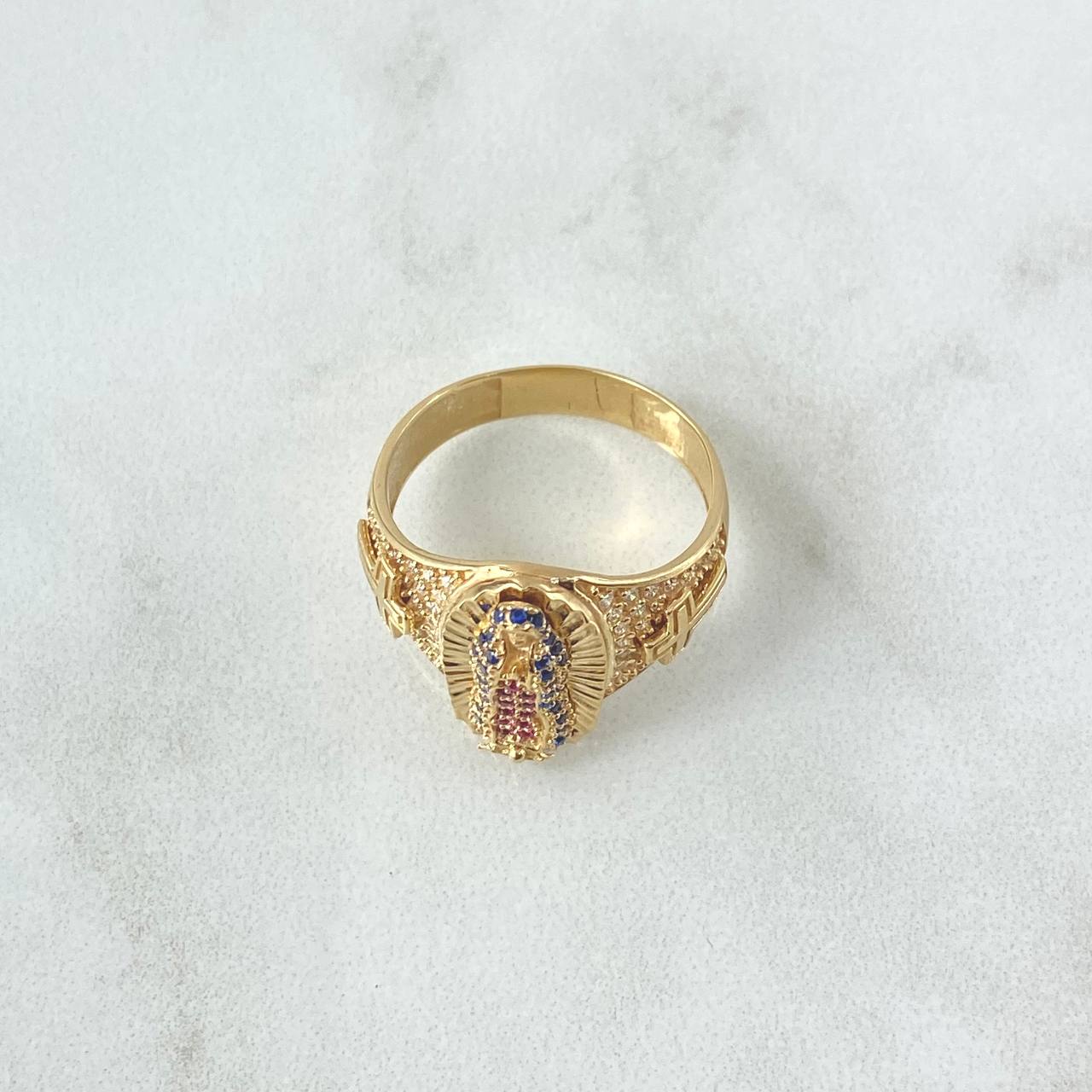 Virgin Guadalupe Ring Crosses 6.35gr / Size 7 3/4 / White, Green, and Blue Zircons 18K Yellow Gold
