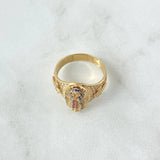 Virgin Guadalupe Ring Crosses 6.35gr / Size 7 3/4 / White, Green, and Blue Zircons 18K Yellow Gold