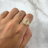Virgin Guadalupe Ring Crosses 6.35gr / Size 7 3/4 / White, Green, and Blue Zircons 18K Yellow Gold