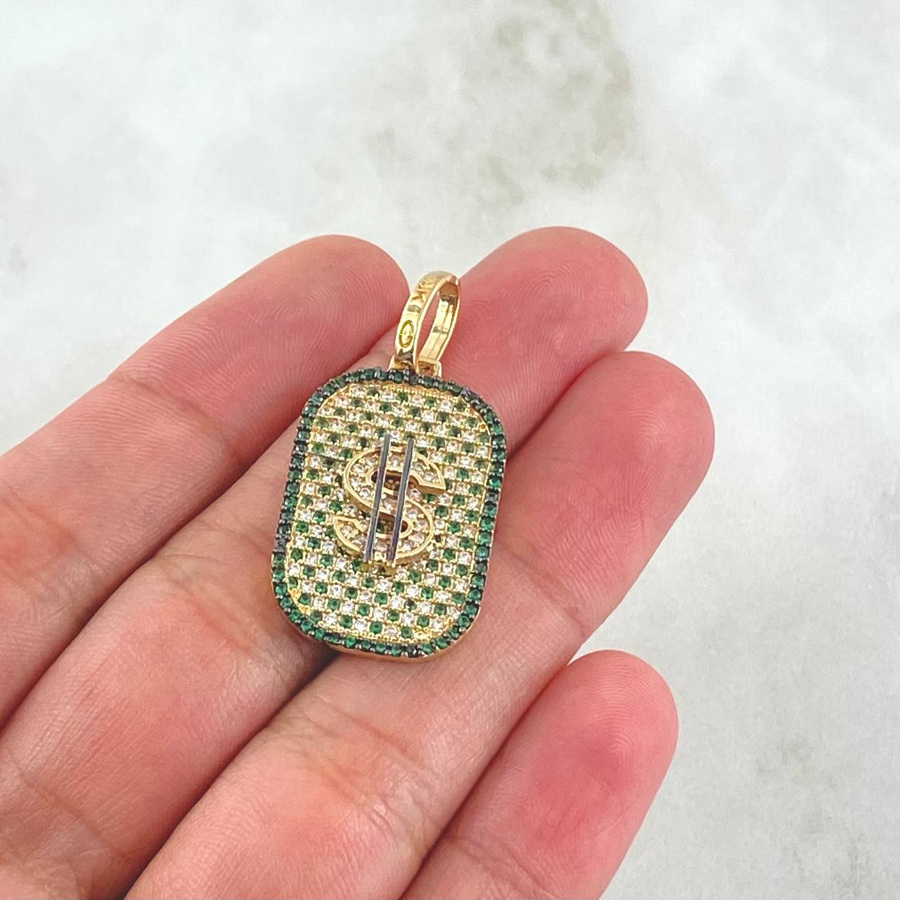 Pendant Dollar Sign Plate 5.55gr / 3.5cm / White Green Zircons 18K Yellow Gold *