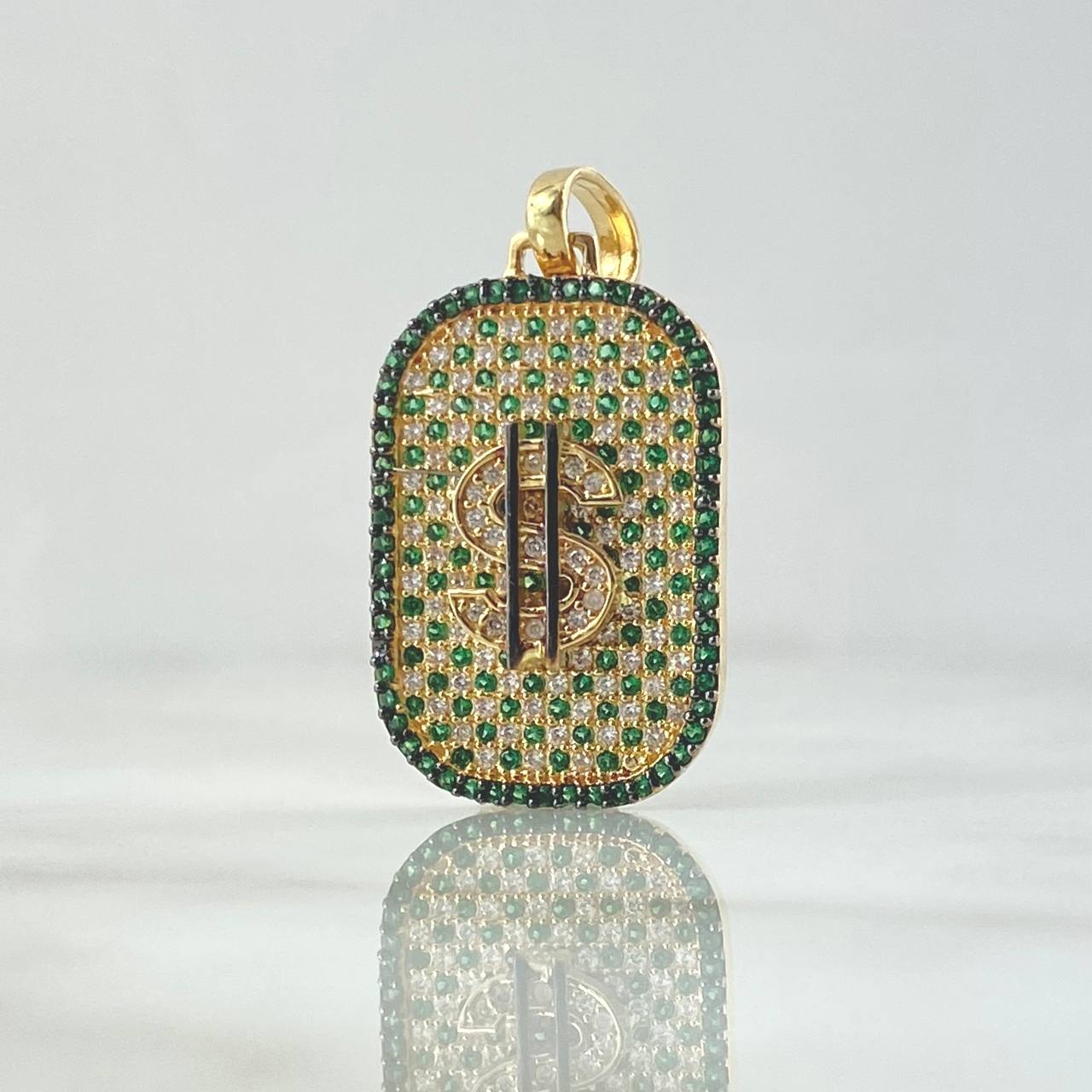 Pendant Dollar Sign Plate 5.55gr / 3.5cm / White Green Zircons 18K Yellow Gold *