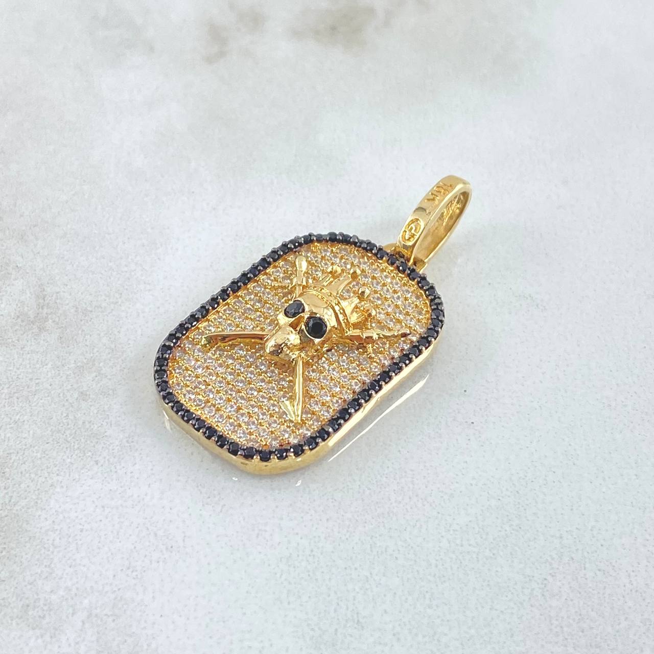 Pendant Skull Plate Royalty 5.8gr / 3.5cm / White Black Zircons 18K Yellow Gold ©