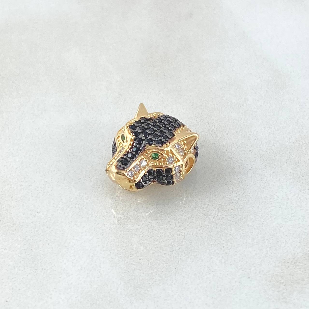 Charm Pantera Head 3gr / 1.4cm / White Black Green Zircons 18K Yellow Gold ©