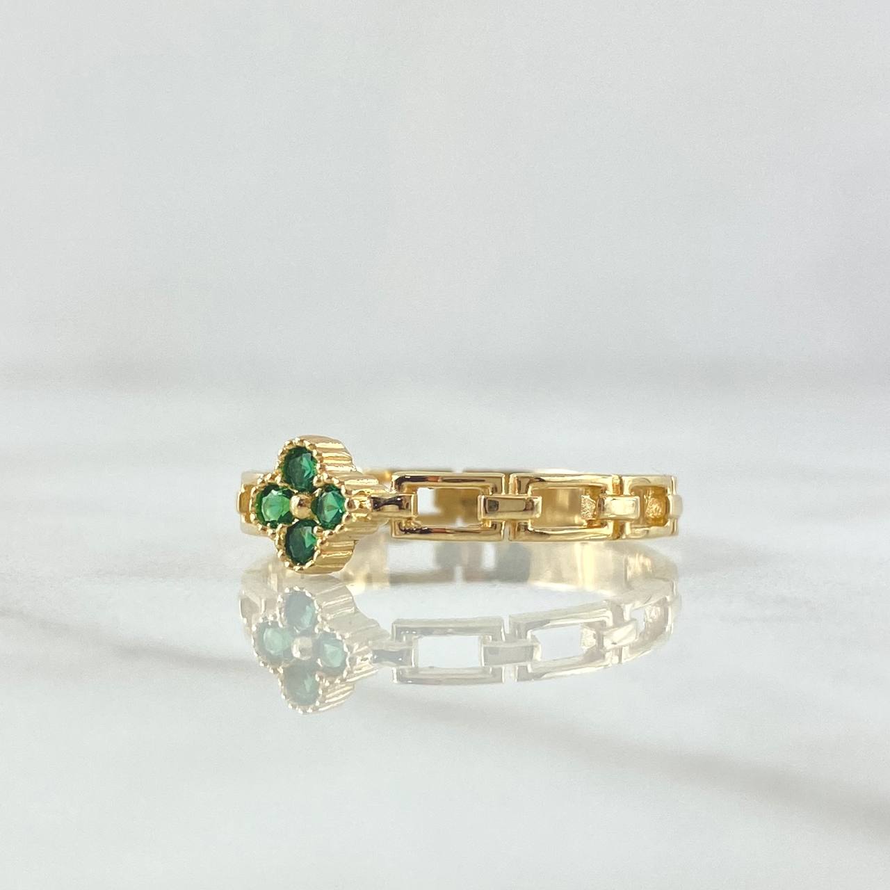 Fixed Link Flower Ring 2.15gr / Size 7 3/4 / Green Zircons 18K Yellow Gold