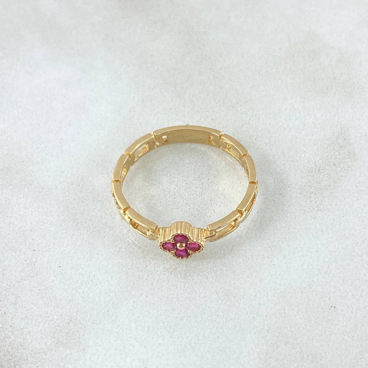 Fixed Link Flower Ring 2.1gr / Size 6 3/4 / Fuchsia Zircons 18K Yellow Gold ©