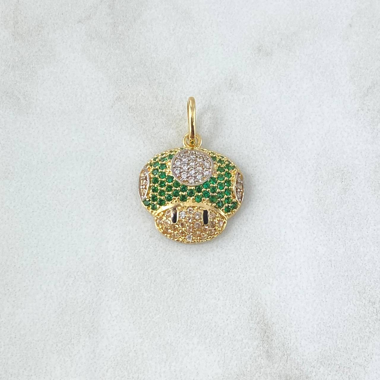 Pendant Animated Mushroom 2.3gr / 2cm / White Green Zircons Yellow Gold 18K *