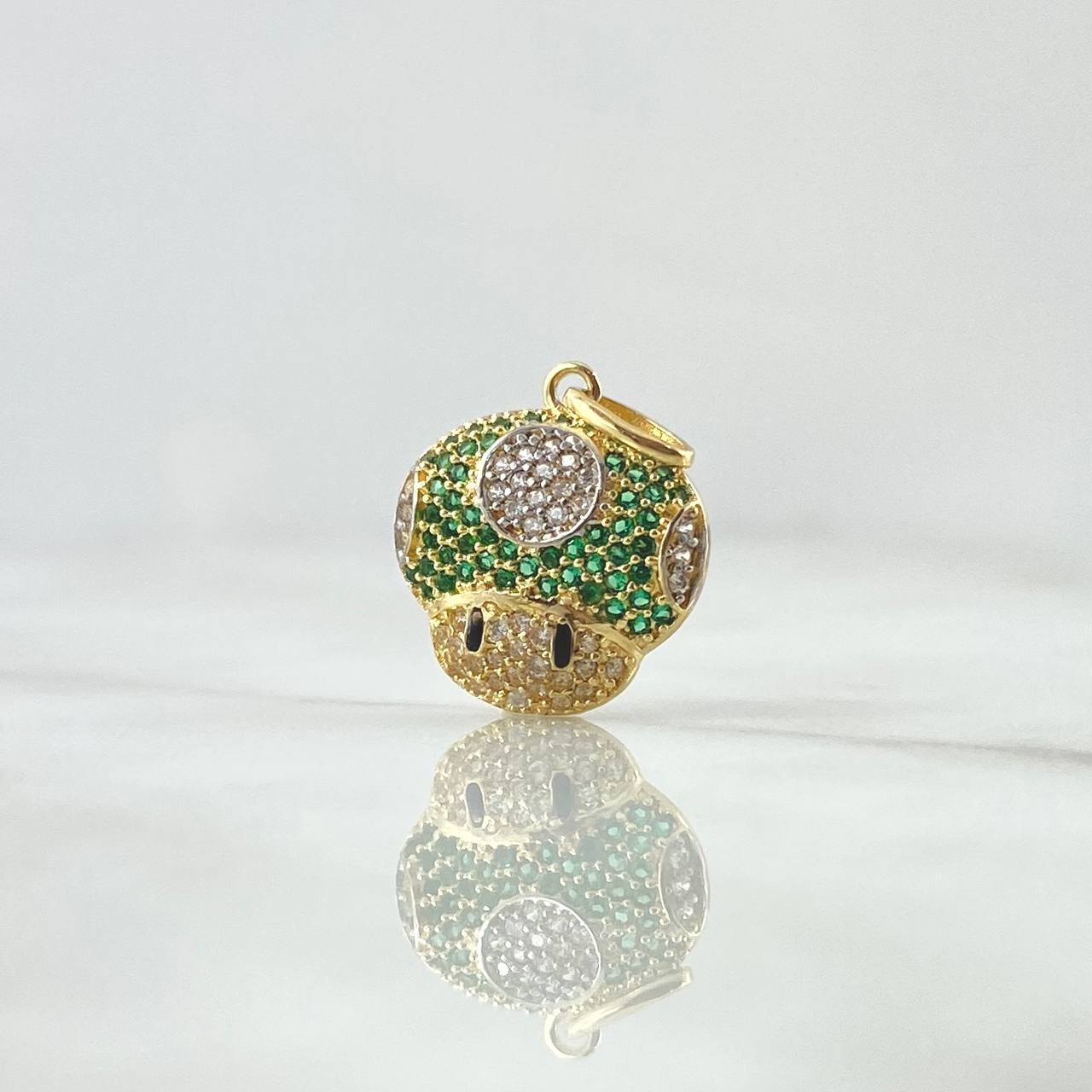 Dije Hongo Animado 2.05gr / 2.2cm / Circones Blancos Verdes Y Negros Oro Amarillo 18K ©