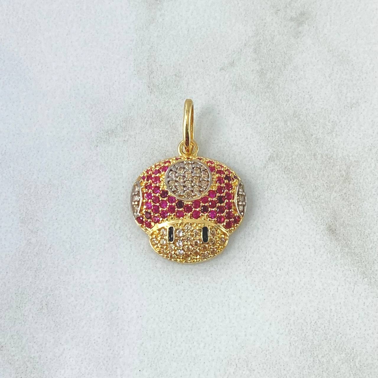 Pendant Animated Mushroom 2.3gr / 2.2cm / White, Black, and Fuchsia Zircons 18K Yellow Gold