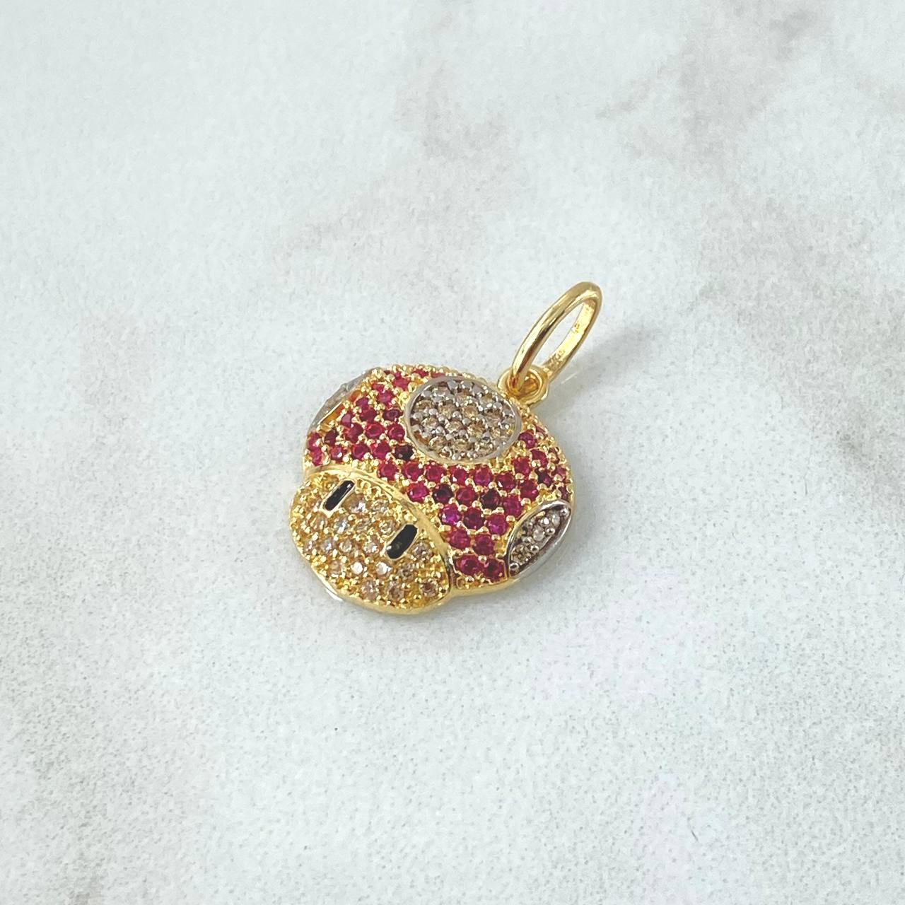 Pendant Animated Mushroom 2.3gr / 2.2cm / White, Black, and Fuchsia Zircons 18K Yellow Gold