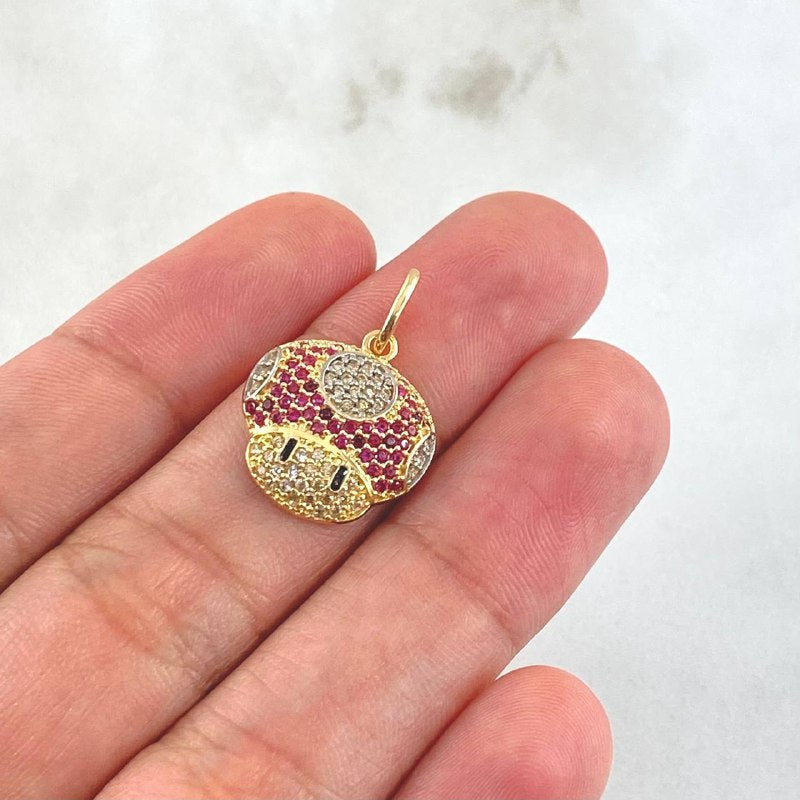 Pendant Animated Mushroom 2.25gr / 2.2cm / White, Black, and Fuchsia Zircons 18K Yellow Gold