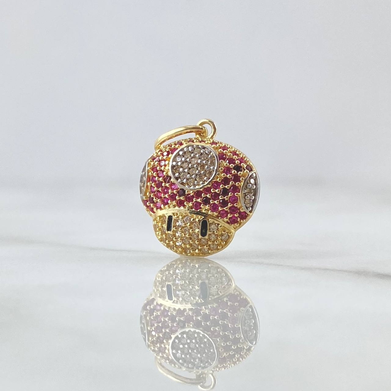 Pendant Animated Mushroom 2.3gr / 2.2cm / White, Black, and Fuchsia Zircons 18K Yellow Gold