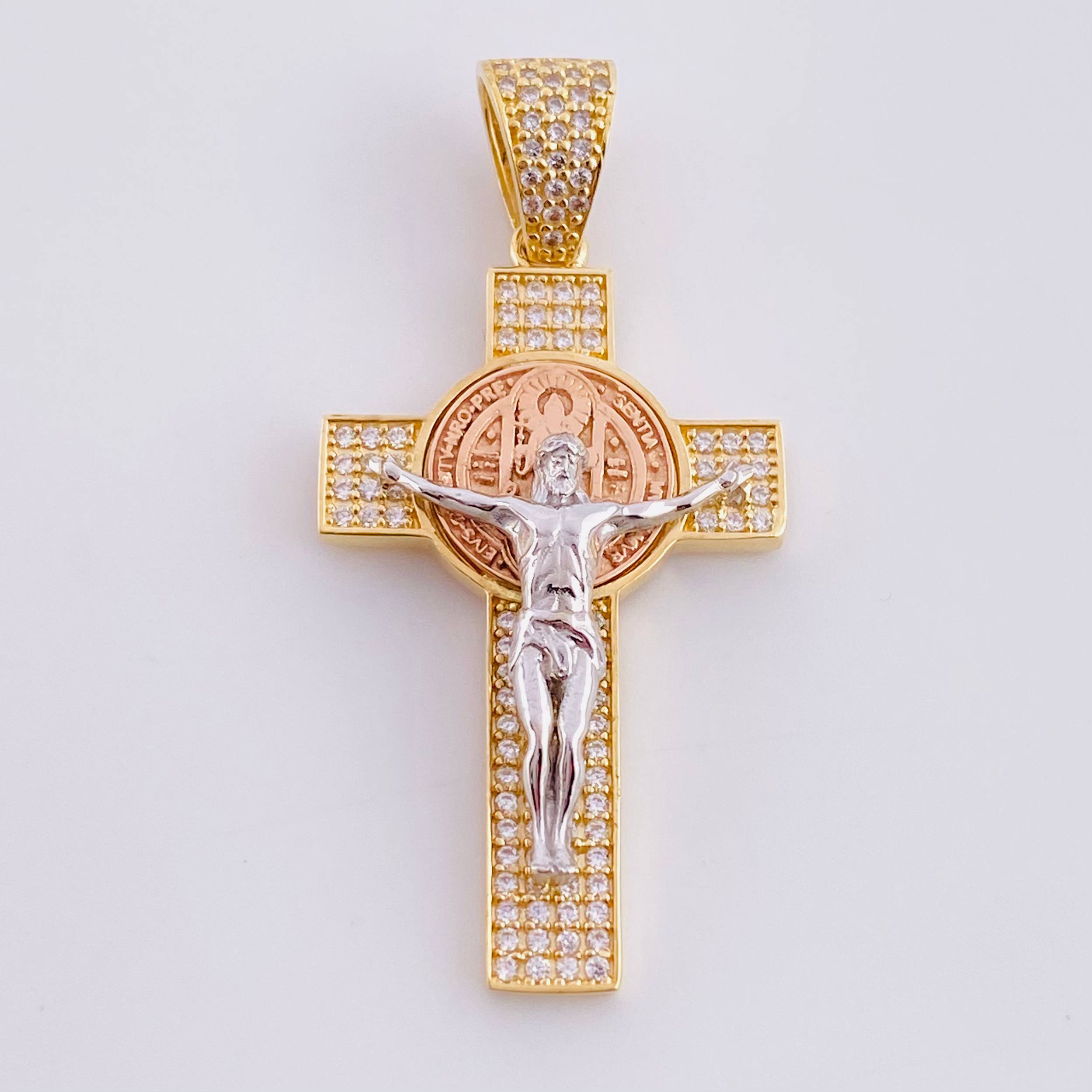 Pendant Cross Christ Saint Benedict 5.8g / 1 3/4 in Three Golds 18K