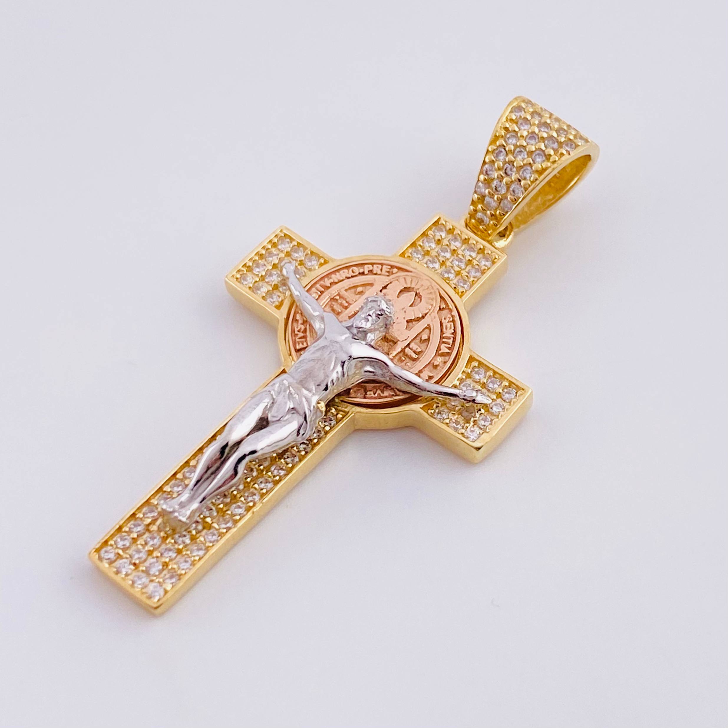 Pendant Cross Christ Saint Benedict 5.8g / 1 3/4 in Three Golds 18K