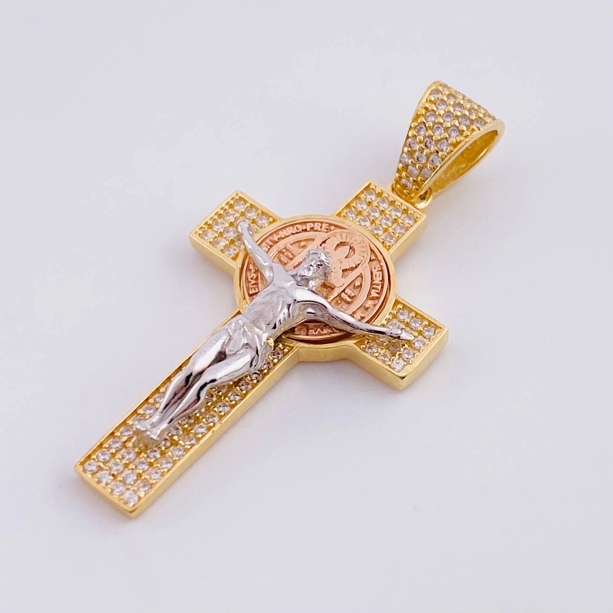 Pendant Cross Christ Saint Benedict 6.3g / 1 3/4 in Three Golds 18K