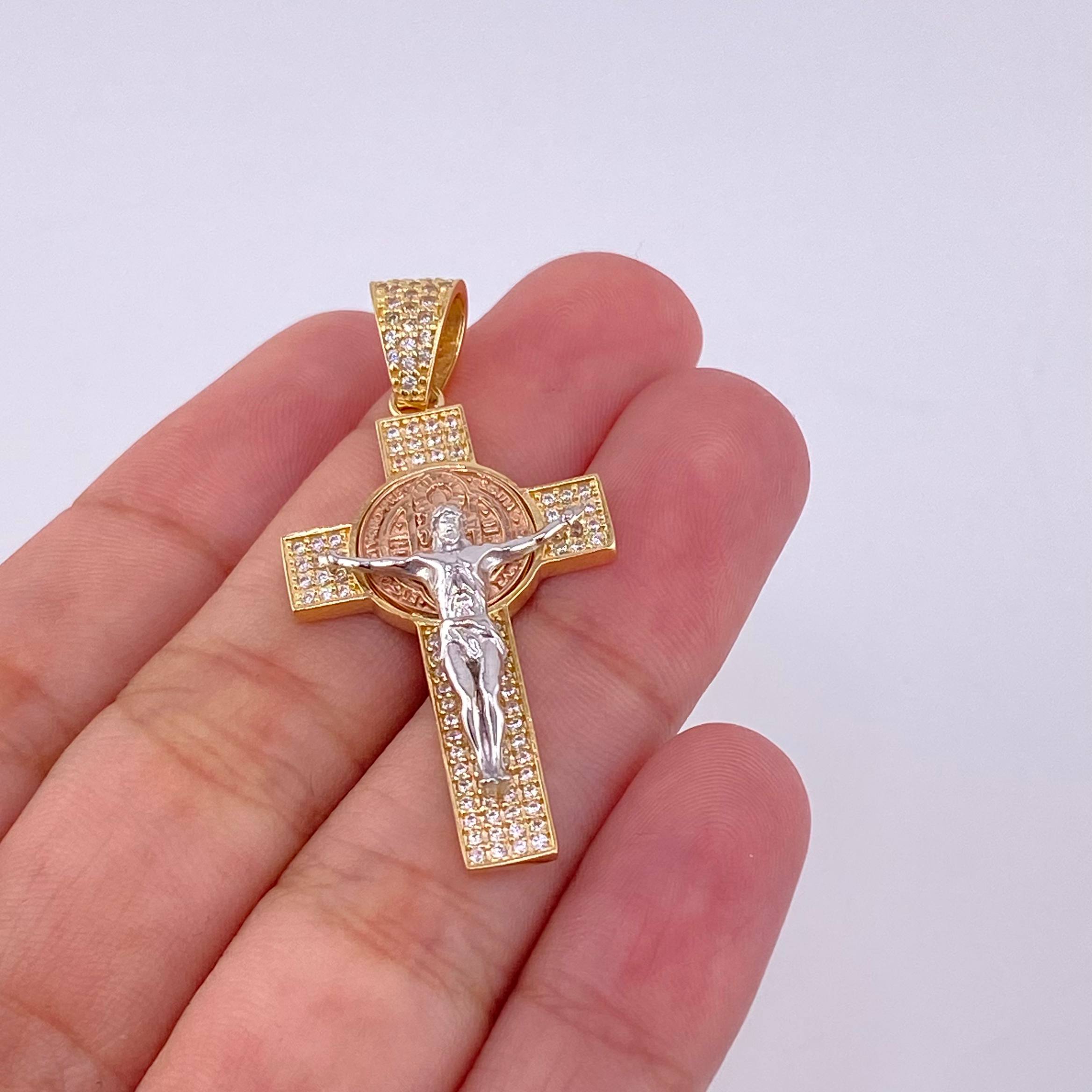 Pendant Cross Christ Saint Benedict 5.8g / 1 3/4 in Three Golds 18K