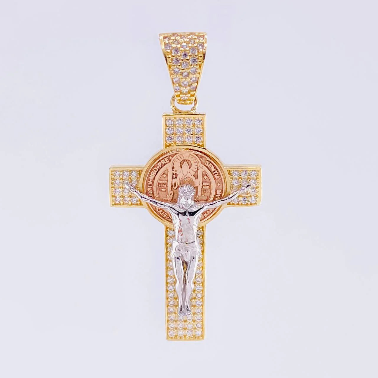 Pendant Cross Christ Saint Benedict 6.3g / 1 3/4 in Three Golds 18K