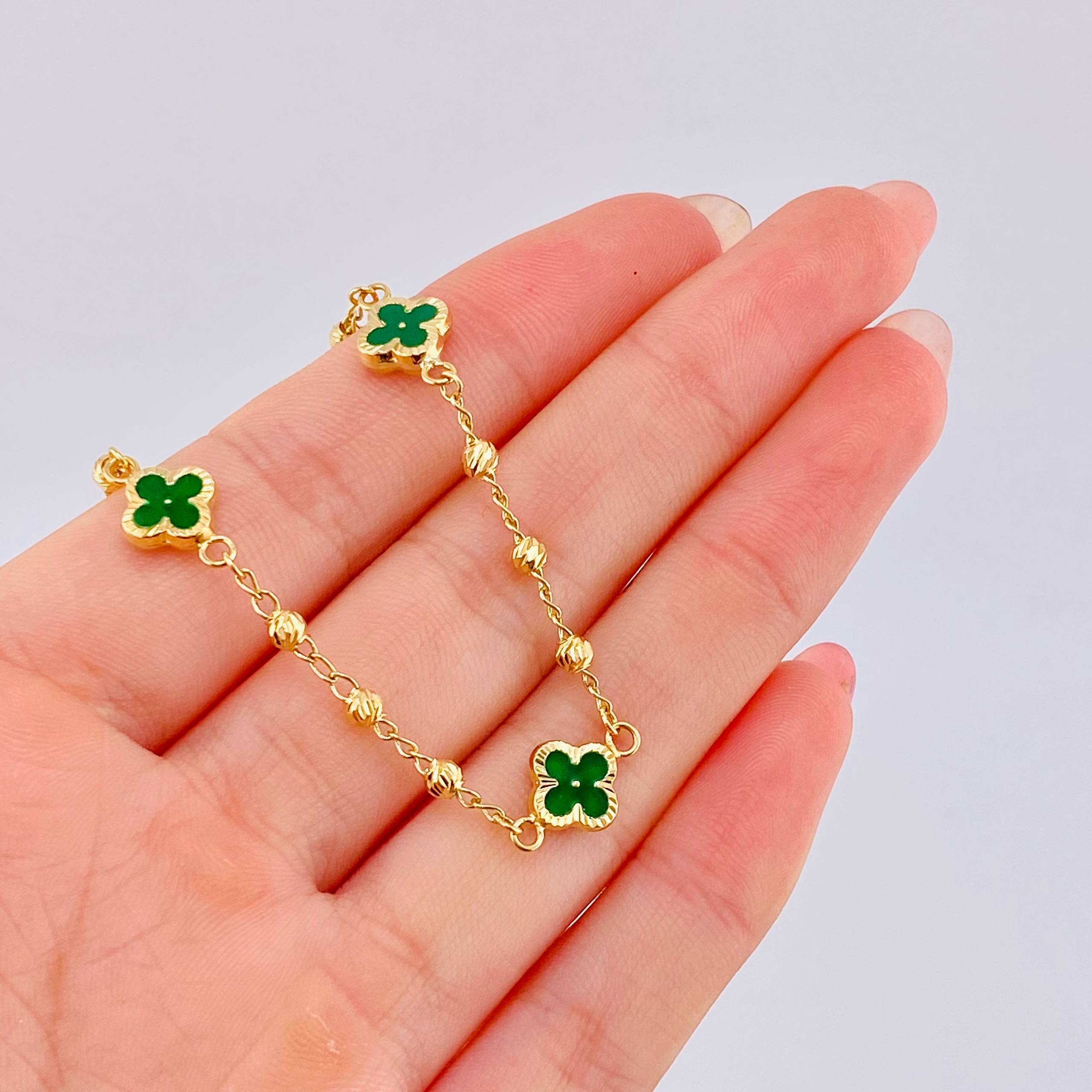 Pulso Trebol Verde Aro Seguido 3.3gr / 18.5cm / 2.95mm Oro Amarillo Nac.Esp. 18K ©